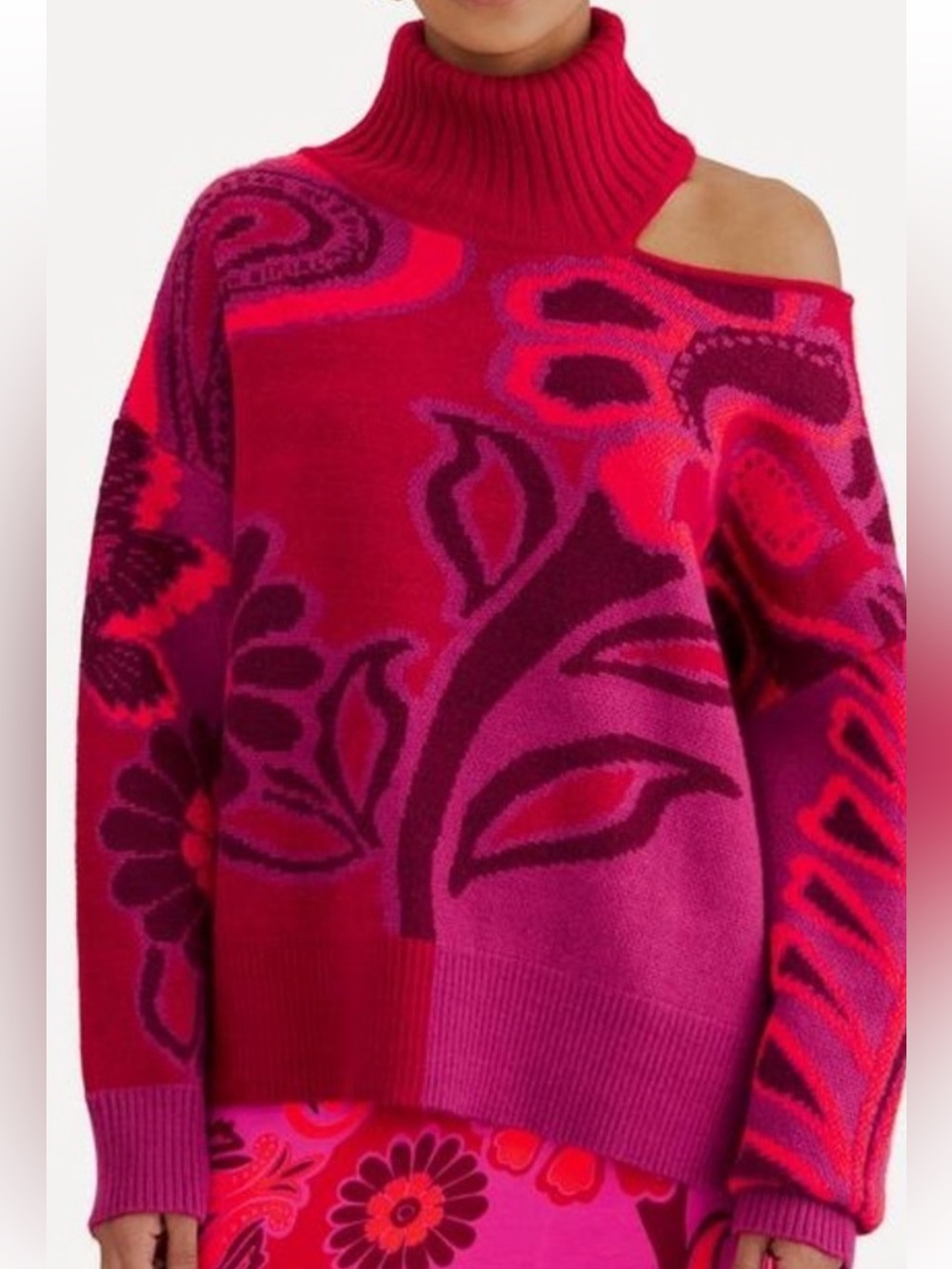 FARM Rio Red, Pink & Orange Floral Turtleneck Sweater NWT oversized baggy coasta